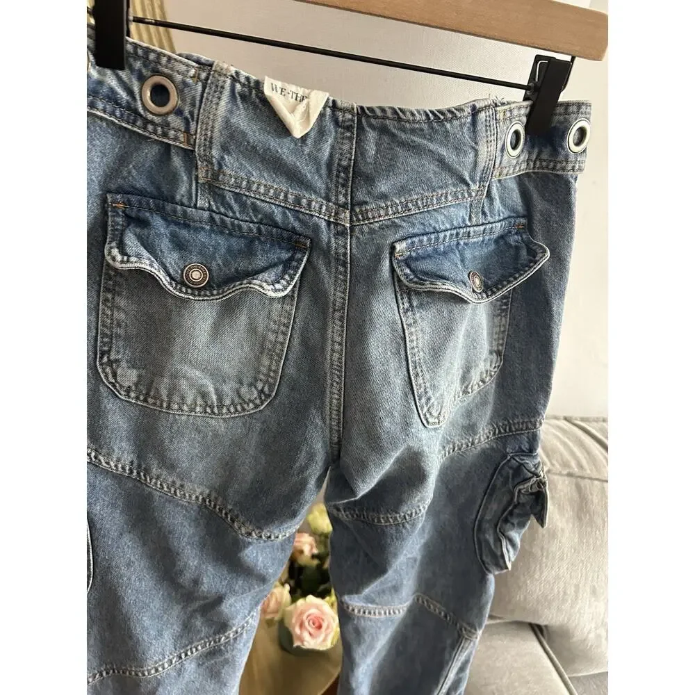 Free People Call Me Crazy Cargo Jeans 26 We The Free Grommet Waist Blue - Picture 10 of 16